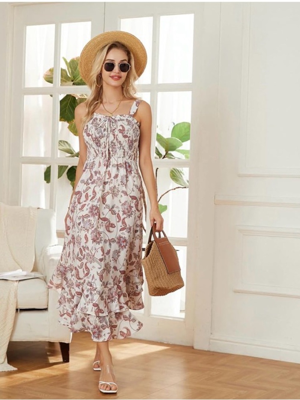 Grace Karin Ivory Maxi Dress with Blush Floral Print
